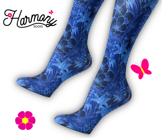 Blue Flowers Knee High Compression Socks - 10-18mmHg Knit